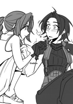 Rule 34 | 2girls, aerith gainsborough, armor, arrow through heart, bare shoulders, black hair, blush, braid, braided ponytail, breasts, closed mouth, commentary, crisis core: final fantasy vii, dress, earrings, english commentary, final fantasy, final fantasy vii, from side, genderswap, genderswap (mtf), gloves, greyscale, highres, jewelry, knee up, long hair, looking at another, medium breasts, monochrome, multiple girls, parted bangs, parted lips, ponytail, profile, ribbed sweater, sandals, seilidare, short hair, shoulder armor, sitting, sleeveless, sleeveless dress, sleeveless turtleneck, squatting, stud earrings, suspenders, sweater, turtleneck, turtleneck sweater, twitter username, white background, yuri, zack fair