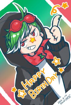 1boy artist_name black_jacket clenched_teeth commentary_request daimonji_ryugon dated dutch_angle green_hair green_nails grin hand_up happy_birthday hood hooded_jacket jacket long_sleeves looking_at_viewer multicolored_hair nonbiritya open_clothes open_jacket red_eyes red_scarf scarf short_hair smile snapping_fingers sweater teeth two-tone_hair virtual_youtuber voms white_hair white_sweater