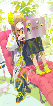 1girl absurdres arknights artist_name black_choker black_skirt boots brown_hair cable charger charging_device choker coat commentary computer dated doctor_(arknights) elf folding_bed green_socks highres id_card indoors kristen_(arknights) lab_coat laptop laurel_crown leaf long_hair lyuqiu magallan_(arknights) mole mole_under_eye muelsyse_(arknights) on_bed open_clothes open_coat orange_eyes pencil_skirt pendant_choker plant pointy_ears power_strip rhine_lab_logo saria_(arknights) signature sitting skirt socks solo sticker two-tone_socks unworn_boots very_long_hair white_coat working yellow_socks