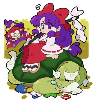 1boy 3girls absurdres beard blue_hat blunt_bangs bow brown_sandals dress facial_hair genjii_(touhou) gohei green_hair hakama hakama_pants hakurei_reimu hakurei_reimu_(pc-98) hat hat_bow highres japanese_clothes kimono kirisame_marisa kirisame_marisa_(pc-98) long_hair long_sleeves maletoh multiple_girls pants pointy_ears power_item_(touhou) purple_dress purple_eyes purple_hair purple_hat red_bow red_hair red_hakama red_pants red_ribbon ribbon ribbon-trimmed_sleeves ribbon_trim sandals sitting socks surprised touhou touhou_(pc-98) turtle very_long_hair white_kimono white_socks wide_sleeves witch_hat yellow_bow