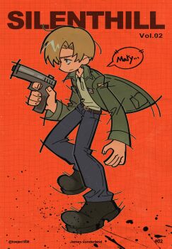 Rule 34 | 1boy, belt, belt buckle, black belt, black shoes, blonde hair, blue eyes, blue pants, buckle, character name, closed mouth, collared shirt, copyright name, english text, full body, green jacket, grid background, gun, haejeo1008, handgun, highres, holding, holding gun, holding weapon, jacket, james sunderland, long sleeves, male focus, pants, red background, shirt, shoes, sideways mouth, silent hill (series), silent hill 2, solo, weapon, white shirt, wing collar