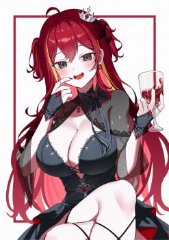1girl absurdres ahoge akane_lize alcohol black_bow black_dress black_eyes blush bow breasts cleavage commentary crossed_legs crown cup dress drinking_glass earrings fangs finger_to_mouth fingernails gem hair_between_eyes hands_up head_tilt highres holding holding_cup inset_border jewelry jinggun large_breasts long_fingernails long_hair looking_at_viewer mini_crown mole mole_on_cheek multicolored_hair nail_polish open_mouth red_gemstone red_hair red_nails red_pupils red_wine ring see-through_clothes see-through_dress sidelocks silver_crown simple_background single_earring sitting smile solo stellive streaked_hair symbol-only_commentary teardrop_earrings teeth thighs tongue two-sided_dress two-sided_fabric two_side_up upper_teeth_only very_long_hair virtual_youtuber white_background wine wine_glass