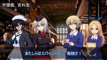 Rule 34 | 4girls, black hair, black jacket, black scarf, blonde hair, blue bow, blue eyes, blue skirt, blue sweater, bow, braid, collarbone, collared shirt, cup, drill hair, garrison cap, girls und panzer, girls und panzer little army, girls und panzer saishuushou, hair bow, hat, holding, holding cup, indoors, itsumi erika, jacket, kilimanjaro (girls und panzer), kuromorimine military uniform, long hair, midriff, miniskirt, mocha (girls und panzer), multiple girls, niconico, ogin (girls und panzer), red skirt, scarf, school uniform, serafuku, shinmai (kyata), shirt, side drill, skirt, sweater, teacup, white serafuku, white shirt, white skirt