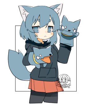 Rule 34 | 1girl, :<, animal ear fluff, animal ears, animal puppet, arm up, artist name, black border, black trim, blue eyes, blue hair, blue hoodie, blue leggings, blush, border, closed mouth, commentary, cowboy shot, dog ears, dog girl, dog tail, double-parted bangs, drawstring, fang, frown, half-closed eyes, hand puppet, highres, hood, hoodie, leggings, long sleeves, naka (buttergirl 02), open mouth, original, pleated skirt, puppet, red skirt, simple background, skin fang, skirt, solo, tail, watermark, white background, yellow collar
