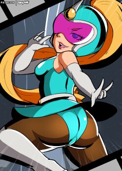 1girl artist_name ass ass_focus back belt blonde_hair blue_eyes bodyattk capcom from_behind gloves helmet highres panties ponytail pussy sexy_silvia_(viewtiful_joe) shortstack silvia_(viewtiful_joe) smile thick_thighs thighs underwear upskirt viewtiful_joe visor