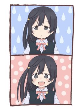 1girl black_eyes black_hair black_vest blue_background blush bow bowtie commentary dad dot_nose frown hair_ornament hairclip highres long_hair looking_at_viewer looking_down love_live! love_live!_nijigasaki_high_school_idol_club open_mouth pink_background pink_bow pink_bowtie shirt side_ponytail smile teeth tonpon upper_body upper_teeth_only vest white_shirt yuki_setsuna