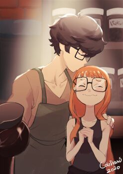 1boy 1girl 2020 absurdres amamiya_ren apron artist_name bare_shoulders black_hair black_tank_top blunt_bangs blush breasts brown_shirt closed_eyes clothes_around_waist coffee_pot collarbone colo_(nagrolaz) commentary counter dated english_commentary glasses green_apron hand_on_shoulder kissing_head hetero highres holding holding_pot jacket jacket_around_waist kiss long_hair long_sleeves orange_hair persona persona_5 pot sakura_futaba shirt short_hair small_breasts tank_top v-neck very_long_hair wavy_mouth
