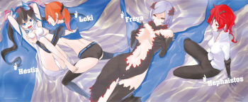 4girls absurdres barefoot black_hair black_pants black_thighhighs breasts character_name dress dungeon_ni_deai_wo_motomeru_no_wa_machigatteiru_darou_ka english_text eyepatch freya_(danmachi) grabbing_another&#039;s_breast groping hephaistos_(danmachi) hestia_(danmachi) highres large_breasts loki_(danmachi) multiple_girls novel_illustration official_art on_bed pants ponytail red_hair shirt shorts small_breasts thighhighs third-party_source twintails white_dress white_shirt yasuda_suzuhito