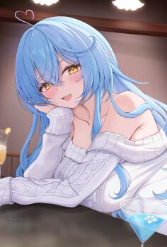 1girl 7nopi :d absurdres ahoge blue_hair breasts cocktail_glass commentary crossed_bangs cup double-parted_bangs drinking_glass hair_between_eyes hand_on_own_cheek hand_on_own_face heart heart_ahoge highres hololive indoors large_breasts long_hair long_sidelocks long_sleeves looking_at_viewer off-shoulder_sweater off_shoulder open_mouth pointy_ears sidelocks sleeves_past_wrists smile solo sweater symbol-only_commentary virtual_youtuber white_sweater yellow_eyes yukihana_lamy