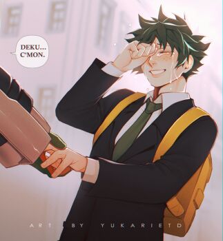 2boys artist_name backpack bag bakugou_katsuki boku_no_hero_academia closed_eyes collared_shirt commentary crying english_commentary formal_clothes gloves green_hair green_necktie happy_tears highres holding_hands long_sleeves male_focus midoriya_izuku multiple_boys necktie nose out_of_frame shirt short_hair speech_bubble suit superhero_costume tears teeth upper_body white_shirt wiping_tears yellow_bag yukarietd