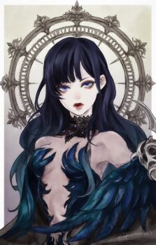 1girl bare_shoulders black_hair blue_eyes border commentary expressionless final_fantasy final_fantasy_xiv gaia_(ff14) gradient_background highres looking_at_viewer outside_border oyatsuredgray red_lips solo strapless twitter_username upper_body white_border