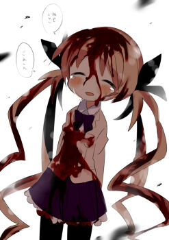 1girl black_bow black_bowtie black_pantyhose black_ribbon blazer blonde_hair blood blood_in_hair blood_on_clothes blood_on_face bow bowtie chaos;head closed_eyes collared_shirt crying facing_viewer feet_out_of_frame hair_ribbon jacket long_hair mamimu_(ma-mi-mu.me) open_mouth orihara_kozue pantyhose quad_tails ribbon sad_smile school_uniform science_adventure shirt simple_background skirt smile solo speech_bubble translation_request very_long_hair white_background yellow_jacket