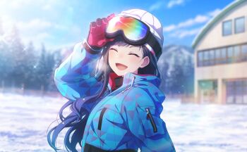 1girl :d ^_^ beanie black_gloves black_hair blue_coat blue_hair blue_sky blurry blurry_background blush closed_eyes cloud coat colorful_palette game_cg gloves goggles goggles_on_headwear gradient_hair hair_ornament hat highres long_hair multicolored_gloves multicolored_hair official_art open_mouth outdoors pink_gloves project_sekai shinshun!_shishimai_robo_no_oshougatsu_show!_(project_sekai) shiraishi_an sky smile snow solo sparkle star_(symbol) star_hair_ornament third-party_source tongue two-tone_gloves white_hat zipper