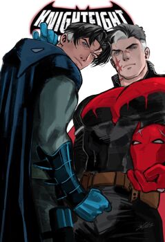 aged_up bat_signal batman batman_(series) batman_symbol black_bodysuit black_gloves black_hair blue_eyes bodysuit brothers commentary_request cowl dc_comics dick_grayson gloves highres holding jason_todd male_focus mask multicolored_bodysuit multicolored_hair multiple_boys muscular muscular_male red_hood_(dc) red_mask scar scar_on_face short_hair siblings smallstarrrr superhero_costume triple_self-portrait_(norman_rockwell) two-tone_bodysuit two-tone_hair white_hair