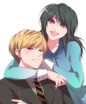 1boy 1girl :d age_matters black_necktie blonde_hair blue_dress brown_eyes closed_mouth commentary daniel_yoon dress english_commentary enjelicious formal_clothes green_hair grey_eyes grey_suit hetero long_hair necktie open_mouth pale_skin rose_choi short_hair simple_background smile striped_clothes striped_necktie suit upper_body white_background