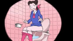 Rule 34 | 1girl, animated, ass, bathroom, biku, blue shirt, blush, brown hair, clothes pull, female pubic hair, necktie, nintendo, panties, panty pull, pantyhose, pantyhose pull, peeing, peeking, pokemon, pokemon rse, pubic hair, roxanne (pokemon), shirt, sitting, solo, sound, toilet, toilet paper, toilet use, twintails, underwear, video, voyeur pov, voyeurism, white panties, wiping, wiping pussy
