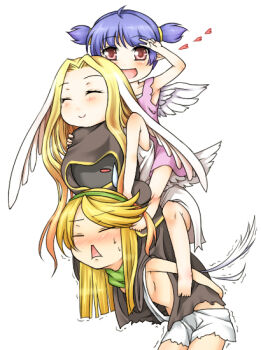 1boy 3girls baroness_of_retribution blonde_hair blue_hair blush closed_eyes commentary_request dame_of_sentinel dress feathered_wings green_hair haty head_wings human_tower lady_solace long_hair looking_at_viewer mistress_of_shelter multiple_girls nose_blush open_mouth pink_eyes purple_dress ragnarok_online short_hair shorts simple_background smile stacking trap two_side_up white_background white_dress white_shorts white_wings wings