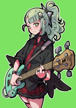 Rule 34 | 1girl, absurdres, american idiot, asymmetrical legwear, black choker, black nails, black shirt, choker, commentary, cosplay, english commentary, fishnets, green background, green day, green eyes, green hair, guitar, hair ornament, highres, holding, holding guitar, holding instrument, instrument, jewelry, long hair, mechanical wings, mujib, nail polish, necktie, red necktie, red skirt, ring, shirt, simple background, skirt, skull hair ornament, smile, sunna (zenless zone zero), wings, zenless zone zero