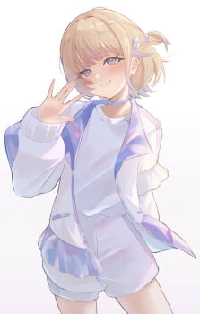 1girl blonde_hair choker closed_mouth hololive hololive_dev_is jacket looking_at_viewer purple_eyes purple_streaks sawari_66 shirt short_hair shorts smile solo todoroki_hajime todoroki_hajime_(1st_costume) two_side_up virtual_youtuber white_background white_choker white_jacket white_shirt white_shorts