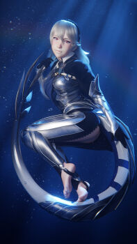 1girl 3d armor ass black_gloves blender_(medium) female_corrin_(fire_emblem) feet fire_emblem fire_emblem_fates gloves highres j9006 long_hair looking_at_viewer nintendo no_shoes red_eyes slit_pupils soles solo toes