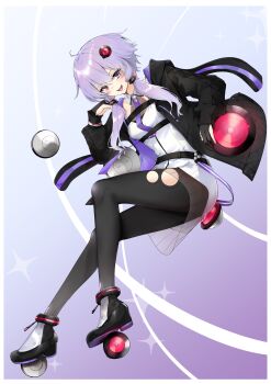 Rule 34 | absurdres, black gloves, black jacket, black pantyhose, commentary request, gloves, hair between eyes, highres, jacket, long hair, necktie, open clothes, open jacket, pantyhose, partially fingerless gloves, purple eyes, purple hair, purple necktie, shirt, smile, thighs, twintails, vocaloid, voiceroid, white shirt, yuzuki yukari, yuzuki yukari (vocaloid6), zooanime