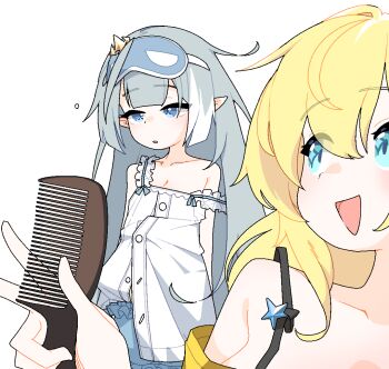 2girls ahoge ahoge_wag animated animated_gif blonde_hair bloomers blue_bloomers blue_eyes breasts camisole comb commentary_request dthmns expressive_hair extra_pupils eye_mask female_tyrant_(pajamas)_(stella_sora) female_tyrant_(stella_sora) frilled_bloomers grey_hair hair_ornament holding holding_comb korean_commentary mask multiple_girls noya_(stella_sora) pajamas pointy_ears simple_background sleepy small_breasts squeans standing star_(symbol) star_in_eye stella_sora strap_slip symbol_in_eye tyrant_(stella_sora) underwear waking_up white_background white_camisole white_pajamas