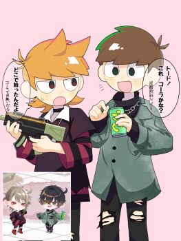 2boys :d :o alternate_costume antenna_hair black_choker black_pants black_shirt black_sweater blush brown_hair buttons can chain chain_necklace choker commentary_request cowboy_shot dog_tags drink_can e-kid_fashion edd_(eddsworld) eddsworld fashion flipped_hair green_shirt gun hair_behind_ear hair_ears highres holding holding_can holding_gun holding_weapon jewelry jitome layered_sleeves long_sleeves looking_at_another male_focus multiple_boys necklace notice_lines open_mouth orange_hair pants pink_background pokecolo_twin red_eyes reference_inset roshii_(ionlw0gynh24926) screenshot_inset shirt short_hair simple_background smile speech_bubble standing striped_sleeves sweatdrop sweater swept_bangs tord_(eddsworld) torn_clothes torn_pants translation_request turtleneck turtleneck_sweater variant_set weapon
