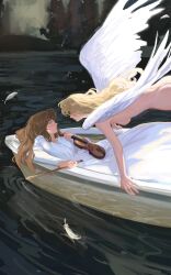 Rule 34 | 2girls, angel, angel wings, blonde hair, blue eyes, blush, boat, bow (music), breasts, brown hair, completely nude, deerwhisky, dress, eye contact, falling feathers, feathers, highres, holding, holding bow (music), holding instrument, holding violin, instrument, long hair, looking at another, medium breasts, multiple girls, nipples, nude, original, parted lips, violin, water, watercraft, white dress, wings, yellow eyes, yuri