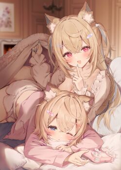 2girls absurdres animal_ear_fluff animal_ears blanket blonde_hair blue_eyes blue_hair blue_nails commentary dog_ears dog_girl english_commentary finger_to_mouth fuwawa_abyssgard highres hololive hololive_english index_finger_raised indoors long_hair long_sleeves looking_at_viewer lying mococo_abyssgard multicolored_hair multiple_girls neru5 one_eye_closed open_mouth parted_lips pink_hair red_eyes short_hair shorts shushing siblings twins virtual_youtuber white_shorts