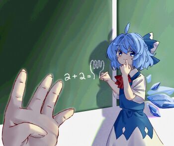 1girl 1other absurdres blue_bow blue_eyes blue_hair blue_skirt blue_vest bow bowtie chalk chalkboard cirno closed_mouth collared_shirt commentary detached_wings english_commentary finger_counting hair_bow highres holding holding_chalk ice ice_wings looking_at_viewer medium_hair neat_ad4816 nose_picking pov pov_hands red_bow red_bowtie shadow shirt skirt touhou vest white_shirt wings