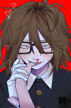 1boy biting_another&#039;s_finger black_eyes black_jacket blood brown_hair fang glasses gloves grabbing_another&#039;s_hand heart highres jacket looking_at_viewer male_focus nosebleed otori_0 pov randal&#039;s_friends randal_ivory red_background short_hair simple_background solo sweat upper_body white_gloves