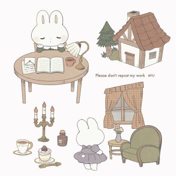 Rule 34 | animal, animal focus, ayu (mog), book, candle, chair, closed eyes, commentary, commentary request, couch, cup, curtains, dress, english commentary, flower, fork, green shirt, grey dress, house, lamp, long sleeves, mixed-language commentary, no humans, open book, original, rabbit, red flower, romaji commentary, round table, saucer, shirt, simple background, table, teacup, tree, vase, white background, window, yellow flower