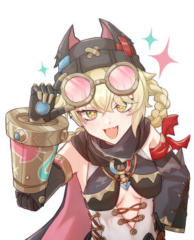 1girl absurdres black_gloves black_hat black_shorts blush braid braided_hair_rings breasts center_opening commentary_request eyewear_on_head fingerless_gloves genshin_impact gloves hair_between_eyes hair_rings hat highres jahoda_(genshin_impact) long_hair long_sleeves looking_at_viewer mechanical_arms medium_breasts no_bra open_mouth saigawa_genshin shirt short_shorts shorts simple_background single_mechanical_arm sleeveless sleeveless_shirt smile solo star-shaped_pupils star_(symbol) symbol-shaped_pupils torn_clothes white_background