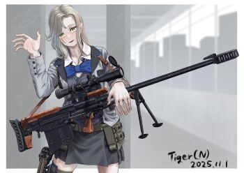 1girl absurdres anti-materiel_rifle artist_name bipod black_skirt blonde_hair blue_bow blue_bowtie blush bolt_action bow bowtie bullpup collarbone commentary_request dated green_eyes grey_background grey_jacket grey_vest gun gun_sling handgun highres holster holstered indoors inset_border jacket ksvk_12.7 light_smile long_hair looking_at_viewer open_mouth original pleated_skirt rifle shirt skirt sniper_rifle solo thigh_holster tigern_(tigern28502735) vest weapon weapon_request white_shirt