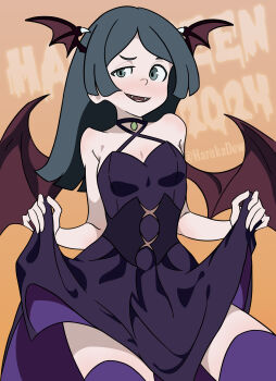 Rule 34 | 1girl, barbara parker, bat wings, blue eyes, blue hair, blush, breasts, fangs, harukadew, little witch academia, long hair, open mouth, purple thighhighs, small breasts, smile, solo, thighhighs, vampire, wing ears, wings