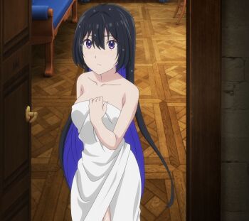 1girl bare_shoulders black_hair blue_hair breasts collarbone colored_inner_hair highres long_hair multicolored_hair purple_eyes solo stitched third-party_edit tinasha_(unnamed_memory) towel two-tone_hair unnamed_memory wet wet_hair