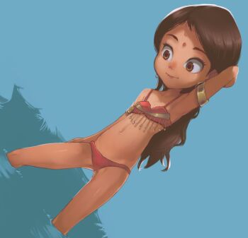 1girl arm_up armlet armpits bikini bindi black_hair brown_eyes closed_mouth collarbone conoghi dark_skin disney dutch_angle earrings facial_mark female_focus flat_chest forehead_mark hoop_earrings jewelry loli long_hair looking_down navel red_bikini shanti simple_background smile solo standing swimsuit the_jungle_book the_jungle_book_2 wading water