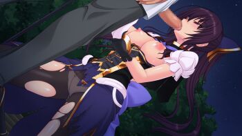 1boy 1girl black_gloves blush breasts breasts_out censored closed_eyes dutch_angle fellatio game_cg genseishinki_sacred_virth gloves hetero kneeling large_breasts large_variant_set long_hair magical_girl mosaic_censoring night nipples non-web_source official_art oral outdoors panties panties_under_pantyhose pantyhose penis ponytail red_eyes sacred_noire sky solo_focus star_(sky) starry_sky tongue torn_clothes torn_pantyhose underwear variant_set white_panties yuugure_pairo yuuki_setsu