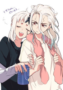 2boys absurdres asagiri_gen black_hair black_shirt brothers can closed_eyes doran_(doran7280) dr._stone drink_can hair_between_eyes highres holding holding_can ishigami_senkuu long_hair long_sleeves male_focus multicolored_hair multiple_boys open_mouth red_eyes shirt short_hair siblings smile split-color_hair t-shirt towel towel_around_neck two-tone_hair white_background white_hair white_shirt yaoi