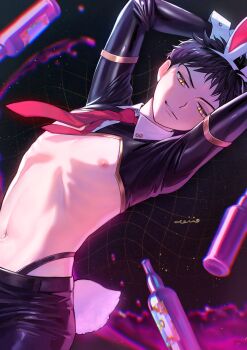 1boy absurdres animal_ears arm_strap arms_up black_background black_hair bottle chromatic_aberration collared_shirt commentary_request highres iyanhoho liquid looking_at_viewer male_focus male_playboy_bunny navel necktie nipples original pectorals pink_necktie rabbit_ears rabbit_tail reverse_bunnysuit reverse_outfit ribs shiny_clothes shirt short_hair sidelighting slit_pupils smirk solo tail upper_body very_short_hair yellow_eyes