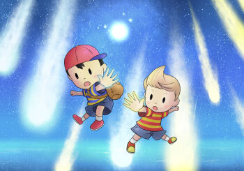 2boys angry backpack bag baseball_cap black_eyes black_hair blonde_hair blue_shorts blush denim denim_shorts floating hat lucas_(mother_3) mother_(series) mother_2 mother_3 multiple_boys ness_(mother_2) nintendo open_mouth pk_starstorm red_hat red_shoes riisu shirt shoes shooting_star short_hair short_sleeves shorts sideways_hat sky socks space star_(sky) starry_sky striped_clothes striped_shirt white_socks yellow_shirt