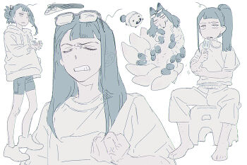 1girl anger_vein asymmetrical_bangs clenched_hand closed_eyes commentary eizouken_ni_wa_te_wo_dasu_na! eyewear_on_head food freckles glasses goblet_42 highres holding holding_food holding_popsicle hood hood_down kanamori_sayaka long_hair ponytail popsicle raccoon simple_background teeth white_background