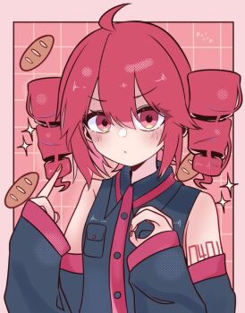 1girl ahoge baguette bare_shoulders blush border bread breast_pocket buttons closed_mouth commentary detached_sleeves dot_mouth double-parted_bangs drill_hair food grid_background hair_between_eyes kasane_teto kasane_teto_(utau) looking_at_viewer nail_polish number_tattoo pink_border pocket red_eyes red_hair red_nails red_trim rirurima25 shoulder_tattoo sidelocks simple_background sleeves_past_wrists solo sparkle tattoo twin_drills untranslatable_commentary upper_body utau wing_collar
