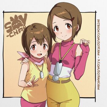 2girls absurdres arched_back bob_cut brown_hair camera camera_around_neck digimon digimon_adventure_02 dual_persona elbow_gloves fingerless_gloves forehead gloves hair_ornament hairclip hand_on_another&#039;s_shoulder hand_on_own_shoulder high-waist_shorts highres hip_focus long_glove looking_at_viewer multiple_girls peace_symbol scarf shirt shorts sleeveless sleeveless_shirt smile soy-chan time_paradox v whistle whistle_around_neck yagami_hikari
