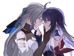 Rule 34 | 2girls, black gloves, blue background, bronya rand, closed mouth, commentary request, detached sleeves, dress, earrings, elbow gloves, eye contact, finger to another&#039;s mouth, fingerless gloves, from side, gloves, grey eyes, grey hair, hand on another&#039;s chin, highres, honkai: star rail, honkai (series), jewelry, long hair, looking at another, mie xing, multiple girls, parted lips, profile, purple eyes, purple hair, purple scarf, scarf, seele (honkai: star rail), simple background, upper body, white dress, yuri