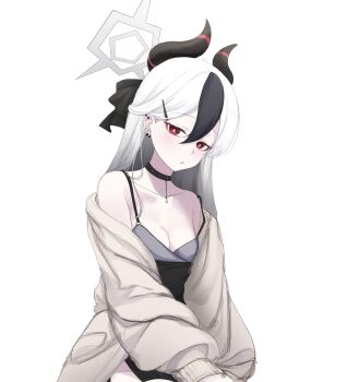 1girl absurdres bare_shoulders black_choker black_dress black_hair black_horns blue_archive blush breasts bright_pupils brown_cardigan cardigan choker cleavage collarbone commentary_request cowboy_shot demon_girl demon_horns double-parted_bangs dress ear_piercing eyelashes grey_halo hair_behind_ear hair_between_eyes hair_ornament hair_over_shoulder hairclip half_updo halo highres horns kayoko_(blue_archive) kayoko_(dress)_(blue_archive) korean_commentary long_hair long_sleeves looking_at_viewer mako_draw01 multicolored_hair official_alternate_costume official_alternate_hairstyle open_cardigan open_clothes parted_lips piercing red_eyes simple_background sketch sleeveless sleeveless_dress small_breasts solo straight_hair strap_slip tsurime two-tone_hair white_background white_hair white_pupils