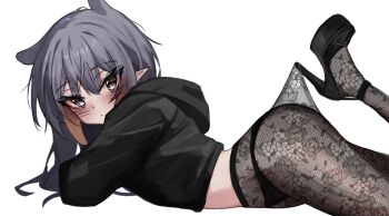 1girl absurdres akarinnndesu alternate_costume black_hair black_hoodie black_panties blue_eyes gradient_hair high_heels highres hololive hololive_english hood hoodie hooked_on_heel lace_pantyhose lace_pantyhose_hooked_on_heel_(meme) long_hair looking_at_viewer lying meme multicolored_hair ninomae_ina&#039;nis on_stomach orange_hair panties panties_under_pantyhose pantyhose pointy_ears simple_background solo tentacle_hair underwear virtual_youtuber white_background