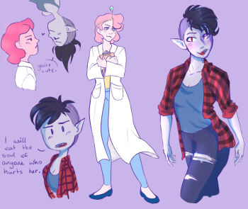 2girls absurdres adventure_time alternate_costume alternate_hair_length alternate_hairstyle aqua_pants black_hair blue_eyes blue_pants blue_shirt blue_shoes blush breasts cleavage clipboard closed_mouth collarbone colored_skin commentary cropped_legs cropped_shoulders cropped_torso english_commentary english_text fangs flannel from_side full_body grey_skin heart highres holding holding_clipboard jacket lab_coat looking_at_another marceline_abadeer mohawk multiple_girls multiple_views open_clothes open_jacket open_mouth pants pink_hair pink_skin plaid_clothes plaid_jacket pointy_ears princess_bonnibel_bubblegum punkleos purple_background red_jacket shirt shoes short_hair simple_background smile socks speech_bubble standing tiara torn_clothes torn_pants upside-down vampire very_short_hair white_jacket white_socks yuri