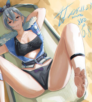 1girl absurdres barefoot cameltoe feet gan_huang grey_eyes grey_hair highres honkai:_star_rail honkai_(series) long_hair looking_at_viewer lying on_back panties ponytail silver_wolf_(honkai:_star_rail) soles toes underwear