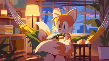 1boy air_freshener bedroom blanket blonde_hair blue_eyes bottle brushing_hair cub fox gloves hair_brush hammock indoors karasuno_yui lamp night official_art palm_tree plant sega shoes sitting sky sonic_(series) sonic_channel spa star_(sky) tails_(sonic) towel tree window yellow_fur